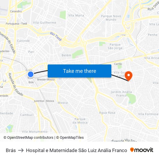 Brás to Hospital e Maternidade São Luiz Anália Franco map