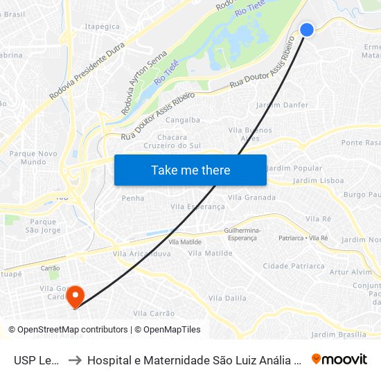 USP Leste to Hospital e Maternidade São Luiz Anália Franco map