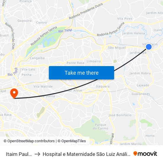 Itaim Paulista to Hospital e Maternidade São Luiz Anália Franco map