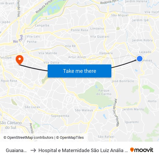 Guaianases to Hospital e Maternidade São Luiz Anália Franco map