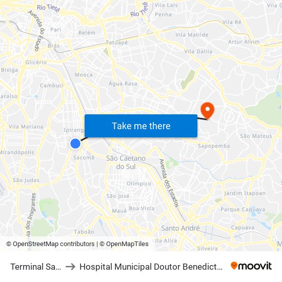 Terminal Sacomã to Hospital Municipal Doutor Benedicto Montenegro map