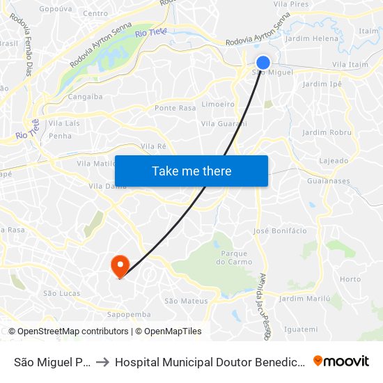 São Miguel Paulista to Hospital Municipal Doutor Benedicto Montenegro map