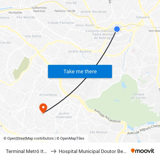 Terminal Metrô Itaquera Norte to Hospital Municipal Doutor Benedicto Montenegro map