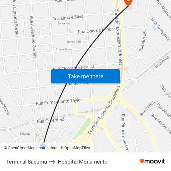 Terminal Sacomã to Hospital Monumento map