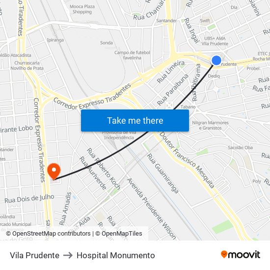 Vila Prudente to Hospital Monumento map