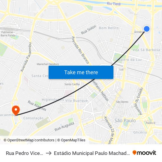 Rua Pedro Vicente 196 to Estádio Municipal Paulo Machado de Carvalho map