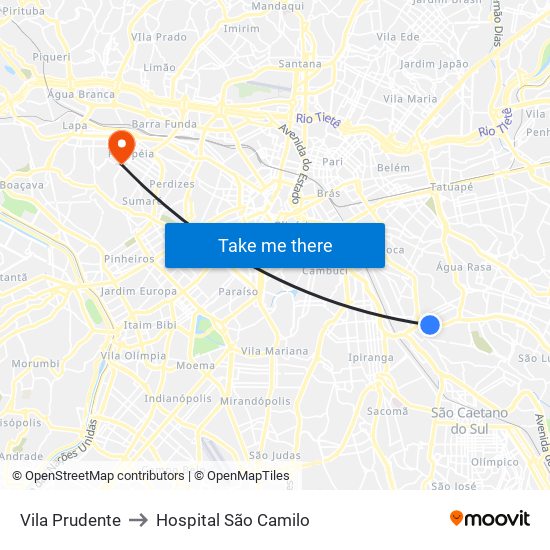 Vila Prudente to Hospital São Camilo map