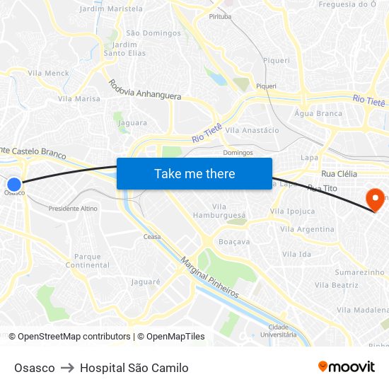 Osasco to Hospital São Camilo map