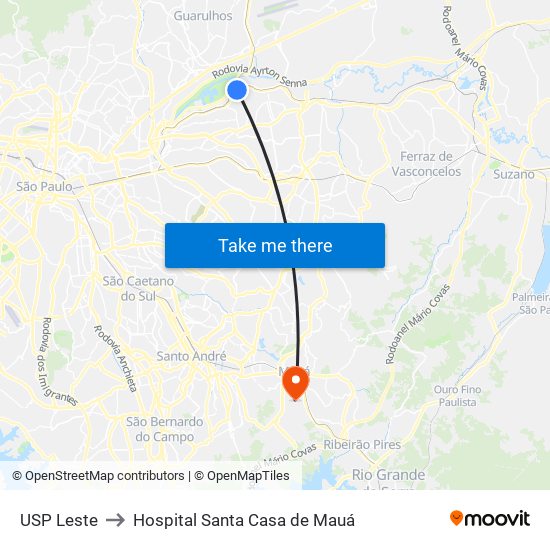 USP Leste to Hospital Santa Casa de Mauá map