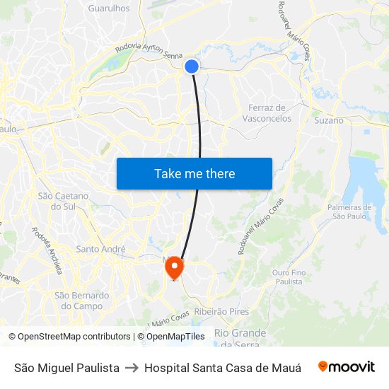 São Miguel Paulista to Hospital Santa Casa de Mauá map