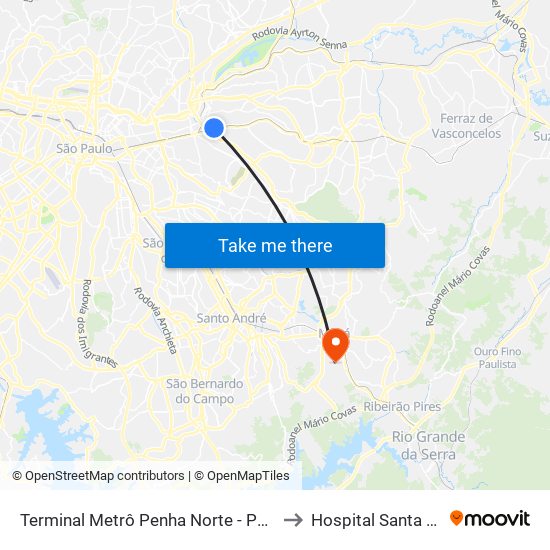 Terminal Metrô Penha Norte - Penha de França, São Paulo to Hospital Santa Casa de Mauá map