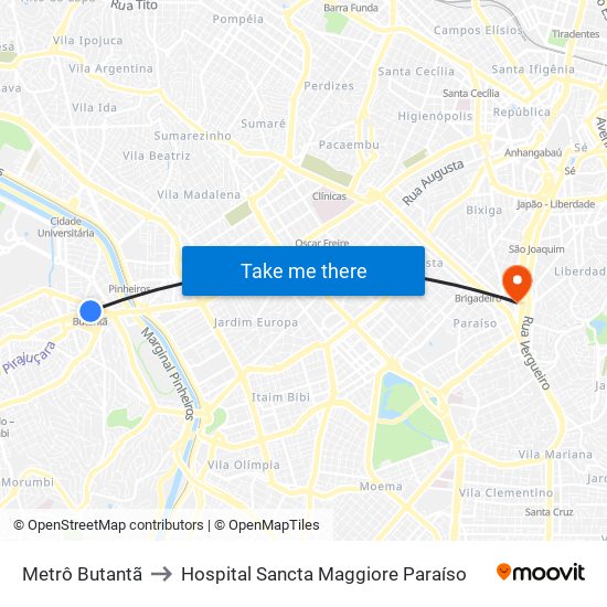 Metrô Butantã to Hospital Sancta Maggiore Paraíso map