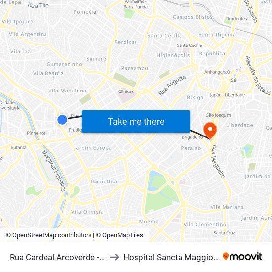 Rua Cardeal Arcoverde - Linha 078 to Hospital Sancta Maggiore Paraíso map