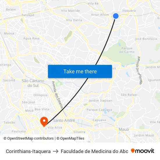 Corinthians-Itaquera to Faculdade de Medicina do Abc map