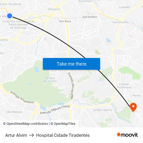 Artur Alvim to Hospital Cidade Tiradentes map