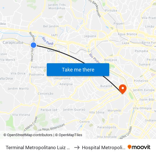 Terminal Metropolitano Luiz Bortolosso / Km 21 to Hospital Metropolitano Butantã map