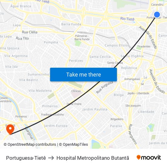 Portuguesa-Tietê to Hospital Metropolitano Butantã map