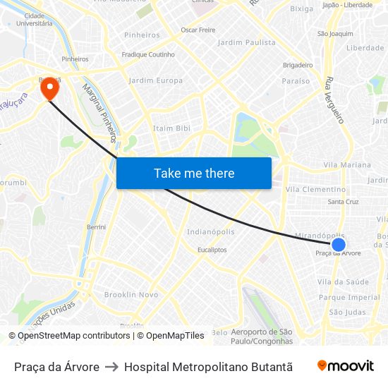 Praça da Árvore to Hospital Metropolitano Butantã map