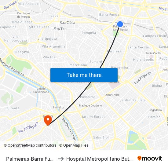 Palmeiras-Barra Funda to Hospital Metropolitano Butantã map