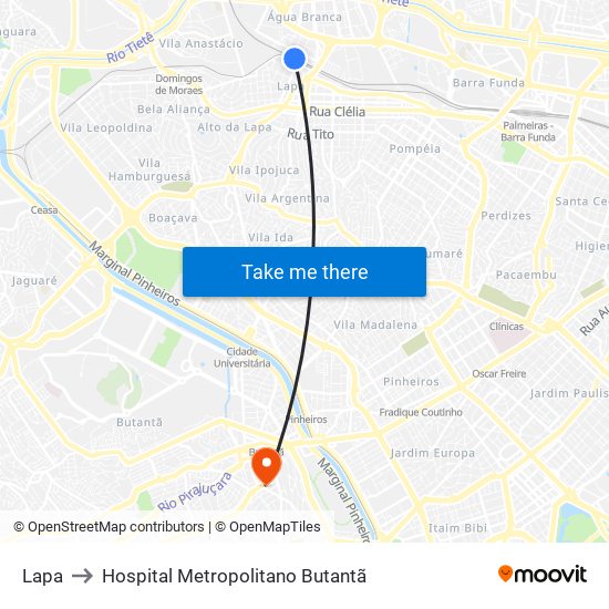 Lapa to Hospital Metropolitano Butantã map