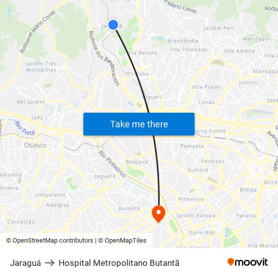 Jaraguá to Hospital Metropolitano Butantã map