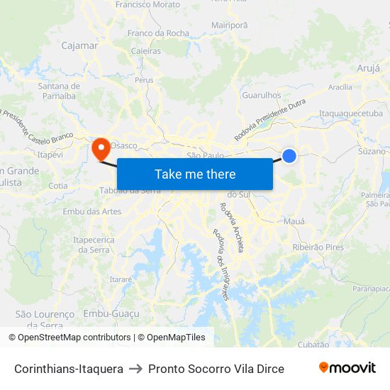 Corinthians-Itaquera to Pronto Socorro Vila Dirce map