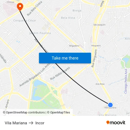 Vila Mariana to Incor map
