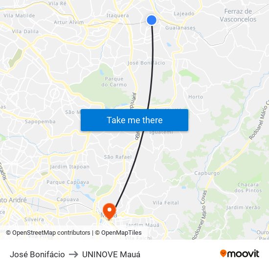 José Bonifácio to UNINOVE Mauá map