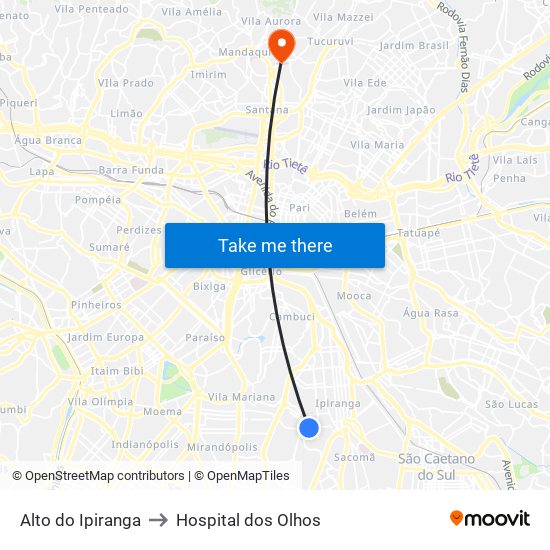Alto do Ipiranga to Hospital dos Olhos map