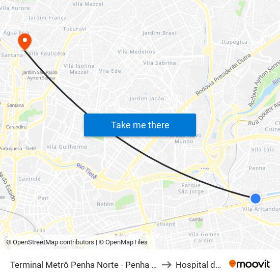 Terminal Metrô Penha Norte - Penha de França, São Paulo to Hospital dos Olhos map