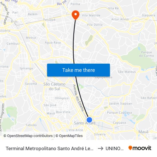 Terminal Metropolitano Santo André Leste to UNINOVE map