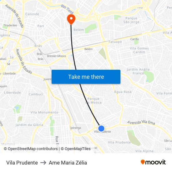 Vila Prudente to Ame Maria Zélia map