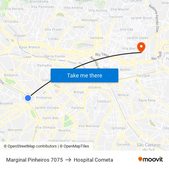 Marginal Pinheiros 7075 to Hospital Cometa map