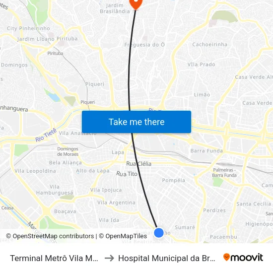 Terminal Metrô Vila Madalena to Hospital Municipal da Brasilândia map