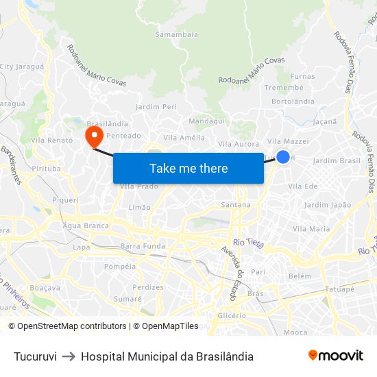 Tucuruvi to Hospital Municipal da Brasilândia map