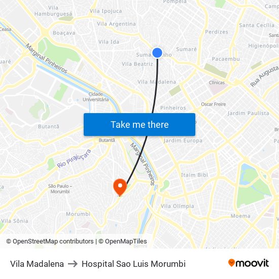 Vila Madalena to Hospital Sao Luis Morumbi map