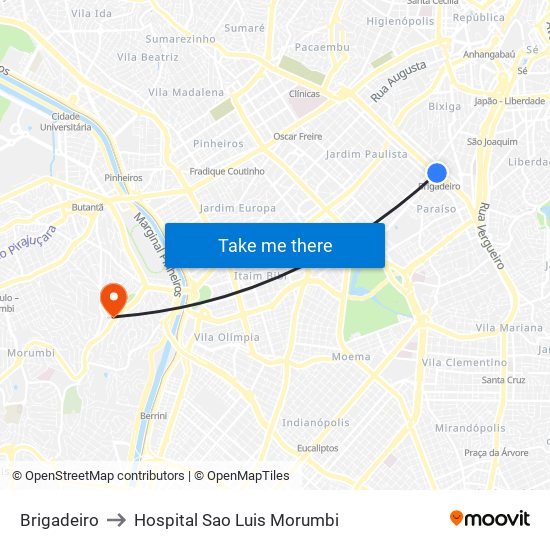 Brigadeiro to Hospital Sao Luis Morumbi map