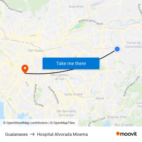 Guaianases to Hospital Alvorada Moema map