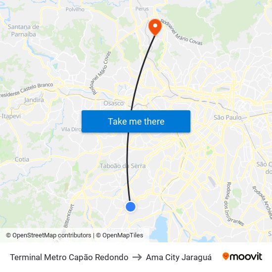 Terminal Metro Capão Redondo to Ama City Jaraguá map