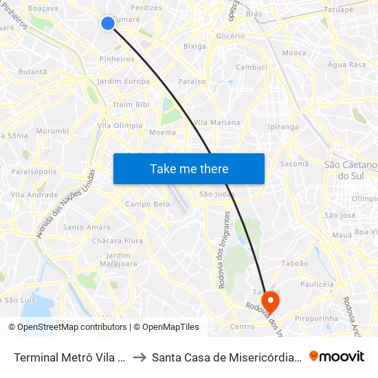 Terminal Metrô Vila Madalena to Santa Casa de Misericórdia de Diadema map