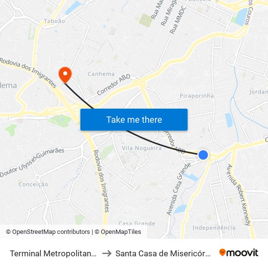 Terminal Metropolitano Piraporinha to Santa Casa de Misericórdia de Diadema map