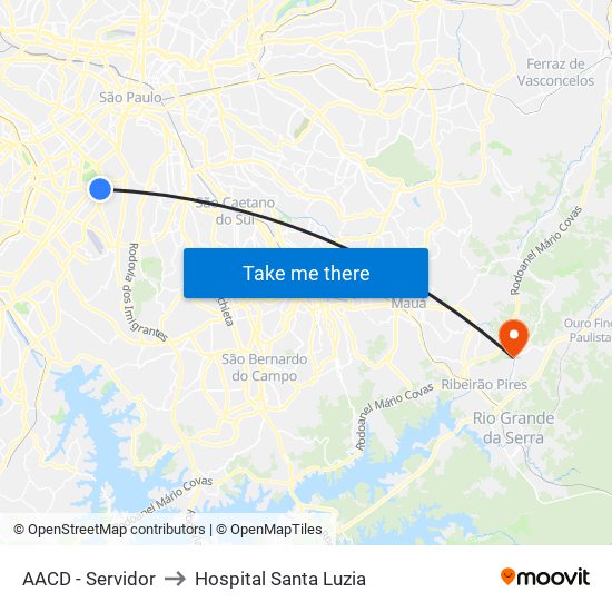 AACD - Servidor to Hospital Santa Luzia map