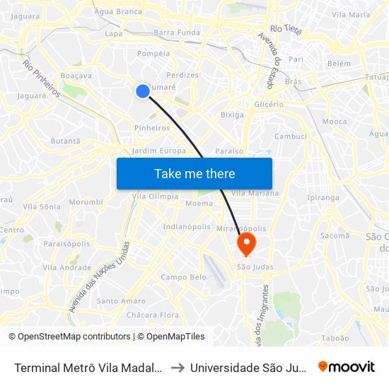 Terminal Metrô Vila Madalena to Universidade São Judas map