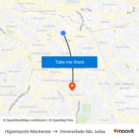 Higienópolis-Mackenzie to Universidade São Judas map