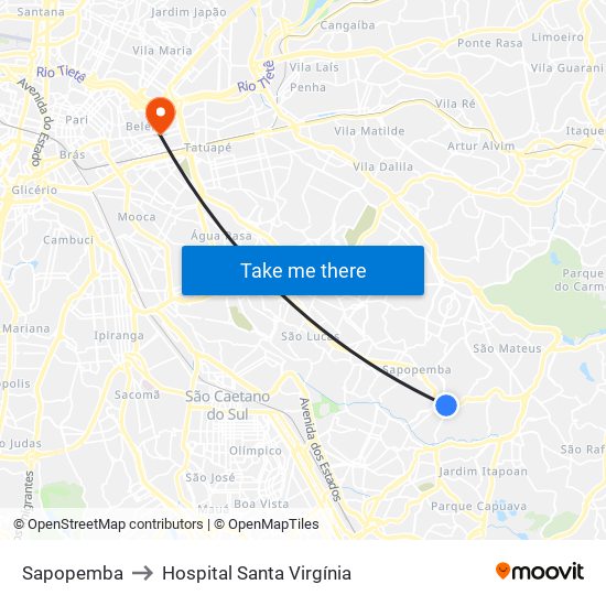 Sapopemba to Hospital Santa Virgínia map