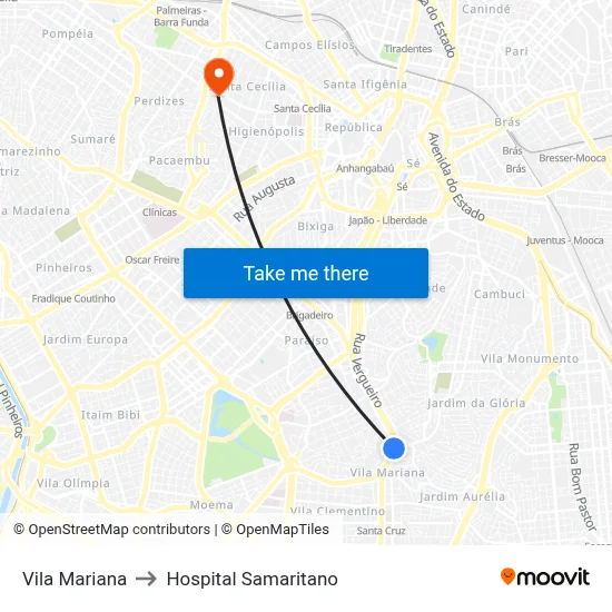 Vila Mariana to Hospital Samaritano map