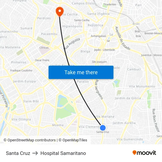 Santa Cruz to Hospital Samaritano map