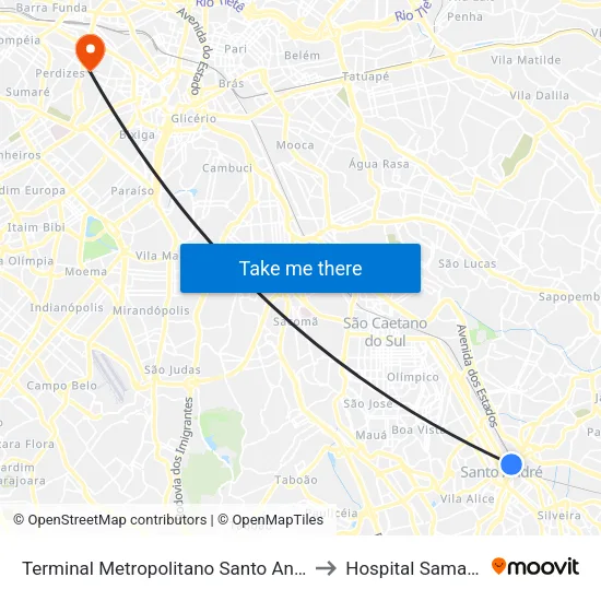 Terminal Metropolitano Santo André Oeste to Hospital Samaritano map