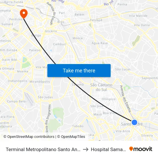 Terminal Metropolitano Santo André Oeste to Hospital Samaritano map