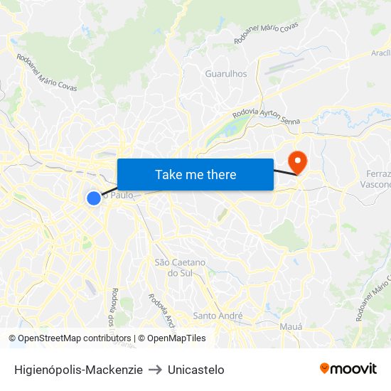 Higienópolis-Mackenzie to Unicastelo map